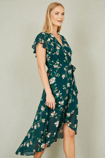 Yumi Green Floral Wrap Midi Dress With Frill Hem