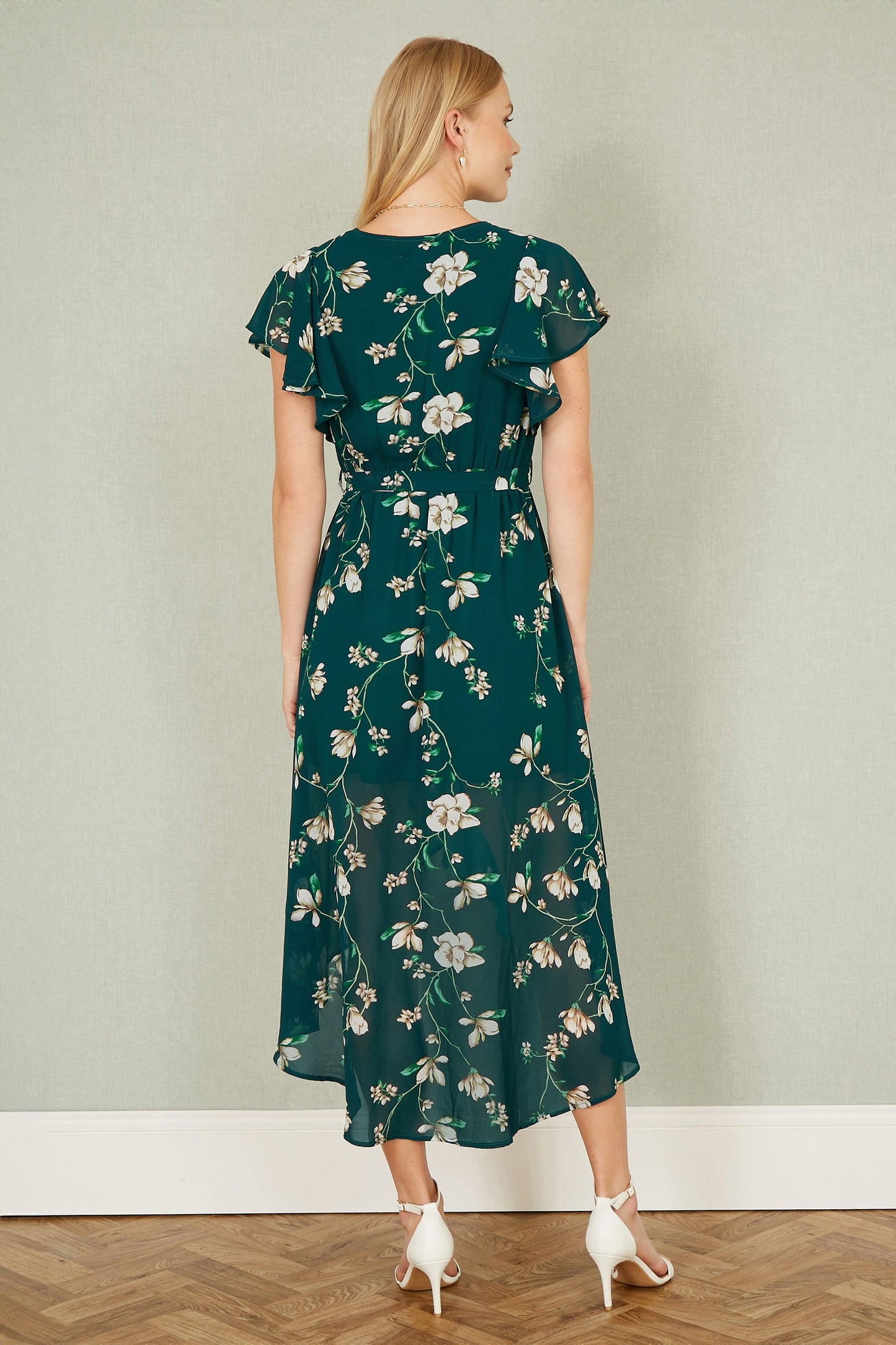 Yumi Green Floral Wrap Midi Dress With Frill Hem
