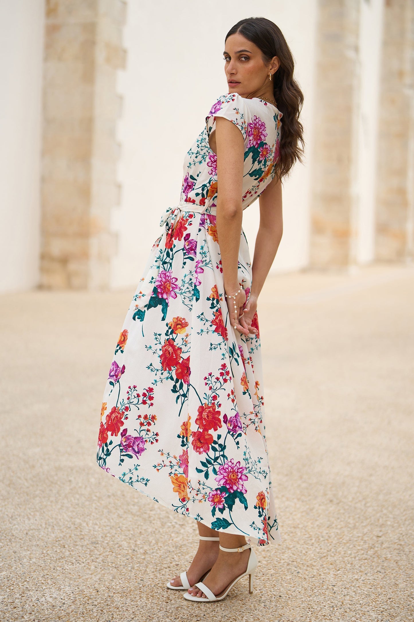 Yumi Ivory Flower Print Wrap Midi Dress