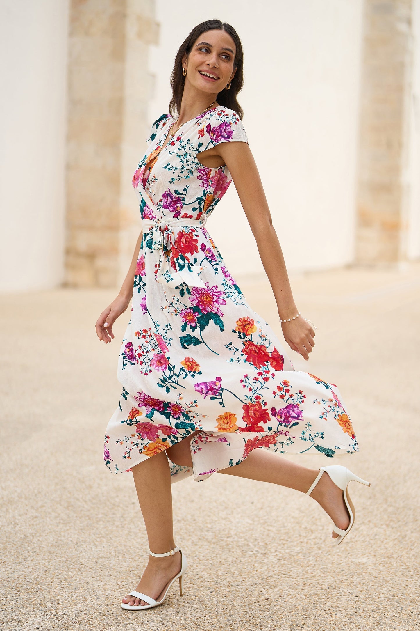 Yumi Ivory Flower Print Wrap Midi Dress