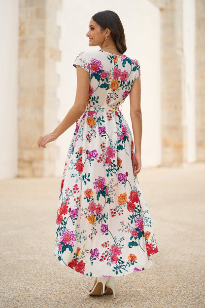Yumi Ivory Flower Print Wrap Midi Dress