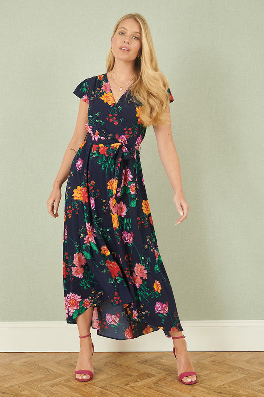 Yumi Navy Flower Print Wrap Midi Dress
