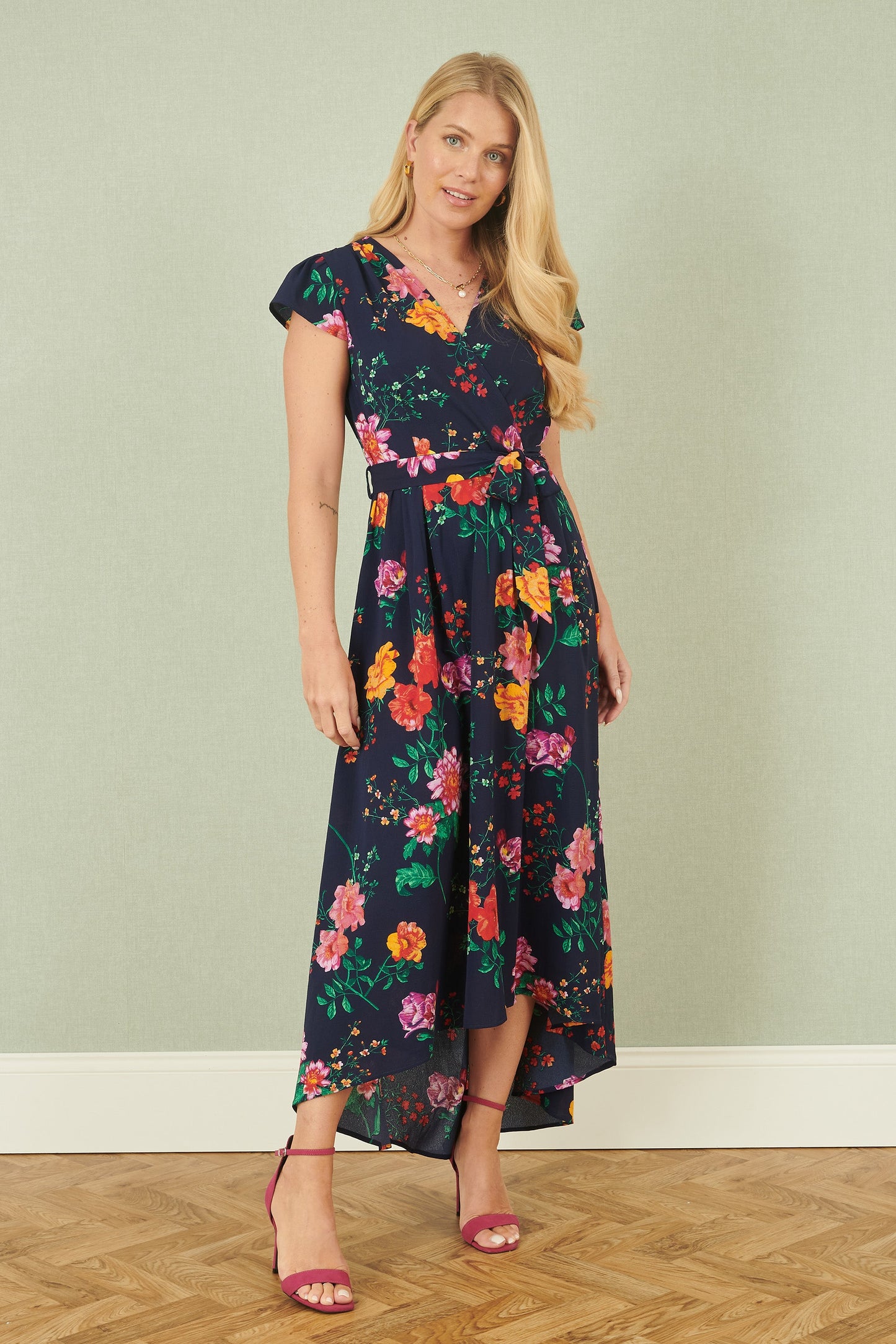 Yumi Navy Flower Print Wrap Midi Dress