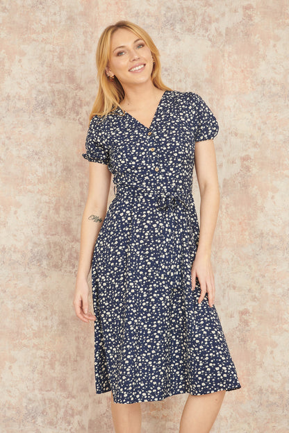 Yumi Navy Geo Print Retro Style Shirt Dress