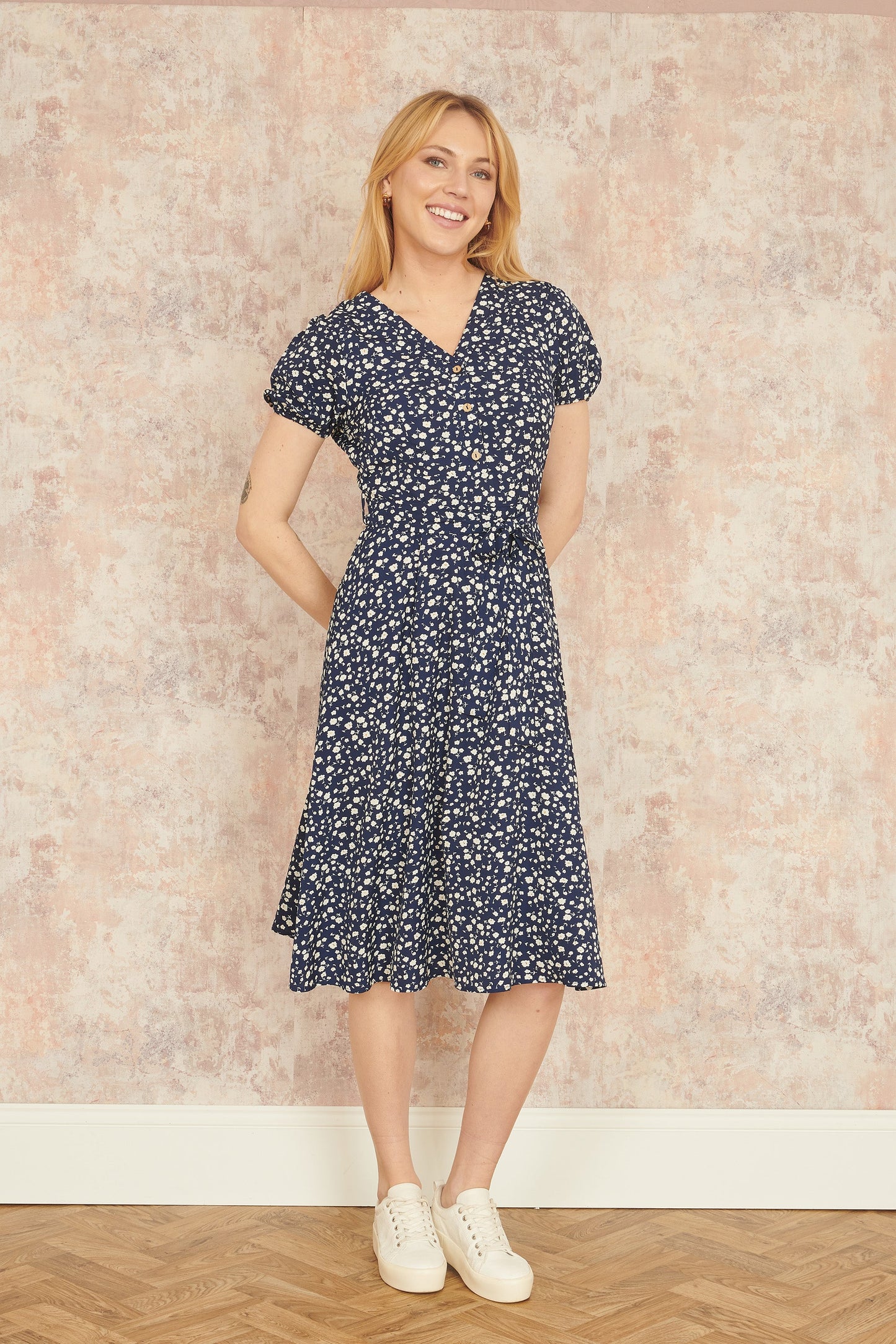 Yumi Navy Geo Print Retro Style Shirt Dress