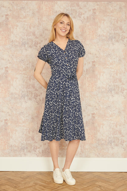 Yumi Navy Geo Print Retro Style Shirt Dress
