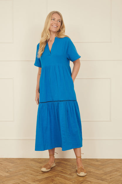 Yumi Blue Double Cotton Long Kaftan