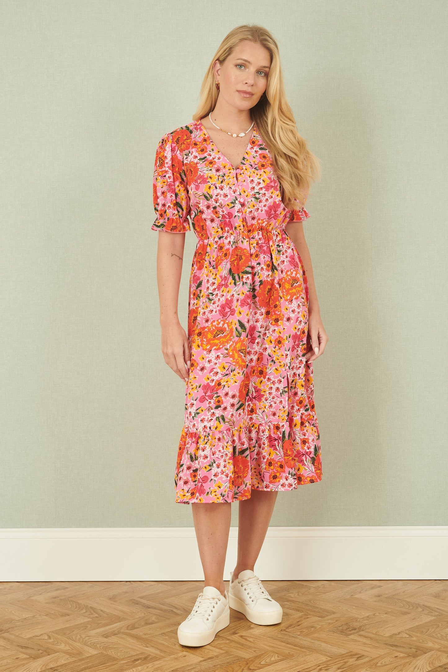 Yumi Pink Floral Midi Dress With Frill Hem and Puff Sleeves