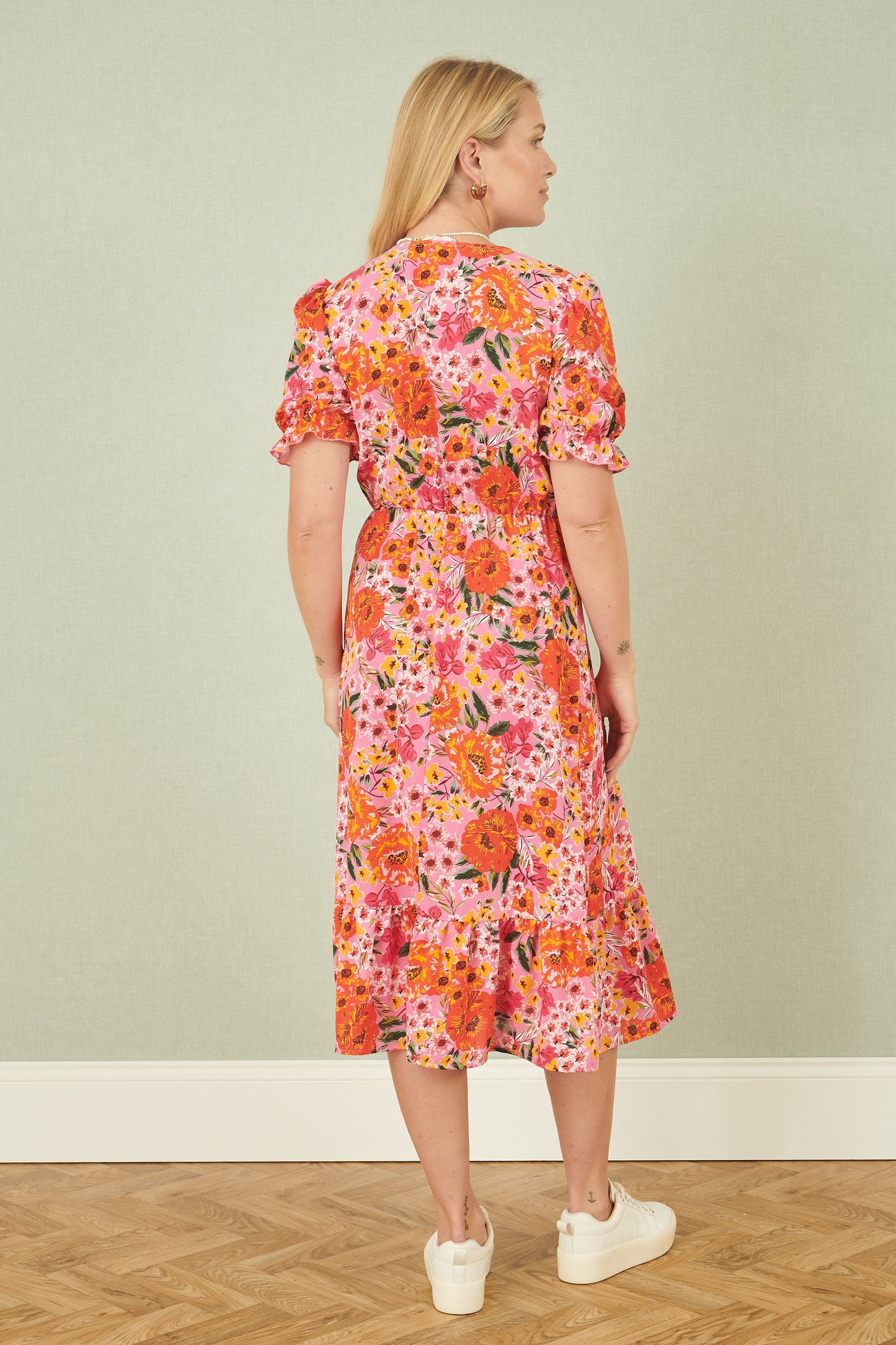 Yumi Pink Floral Midi Dress With Frill Hem and Puff Sleeves