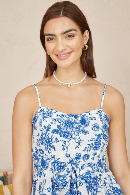 Yumi Blue Floral Strappy Midi Dress With Front Tie