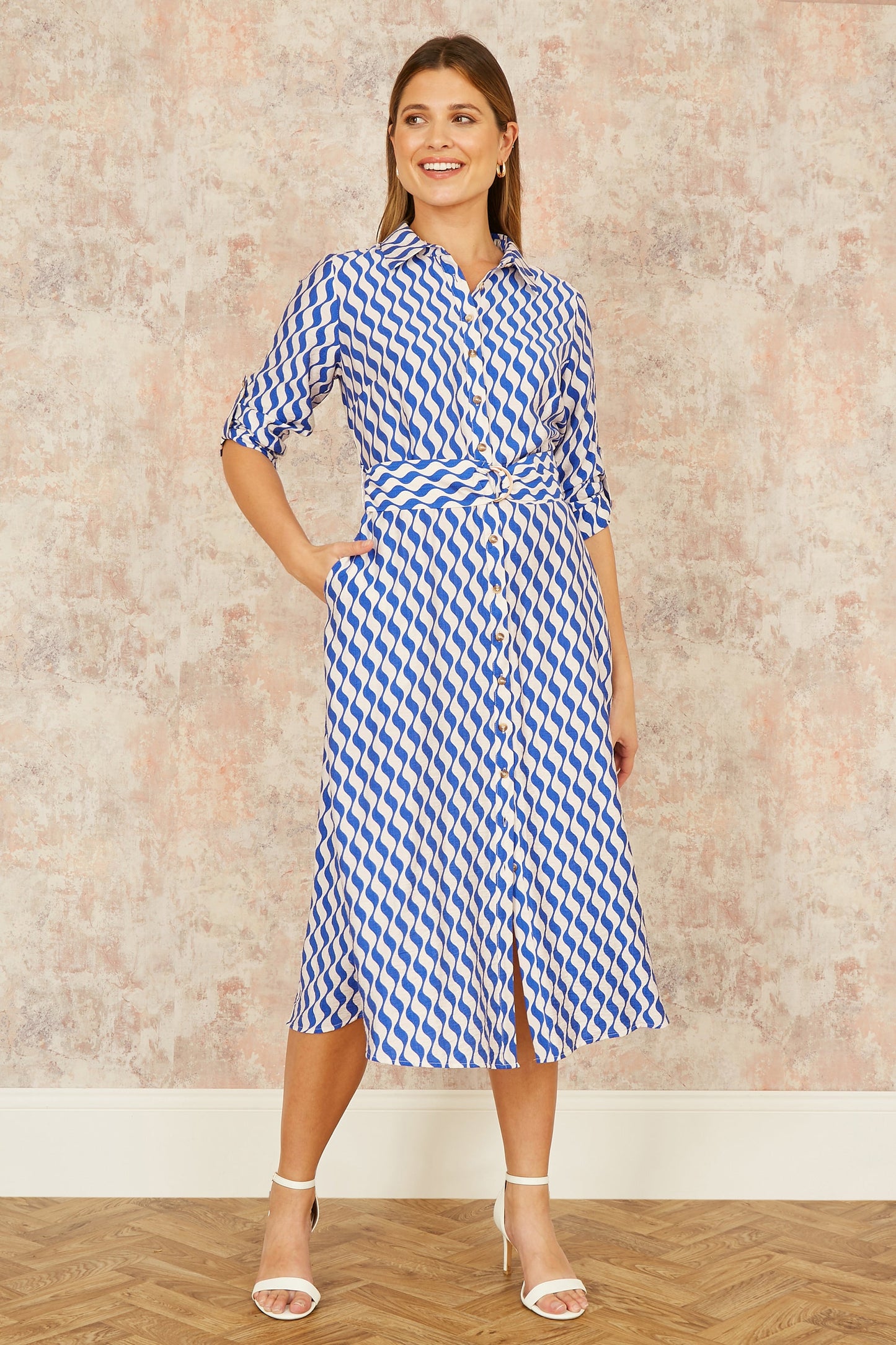 Yumi Blue Geo Swirl Print Midi Shirt Dress