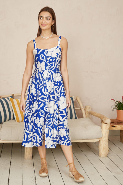 Yumi Blue Floral Button Through Midi Dress