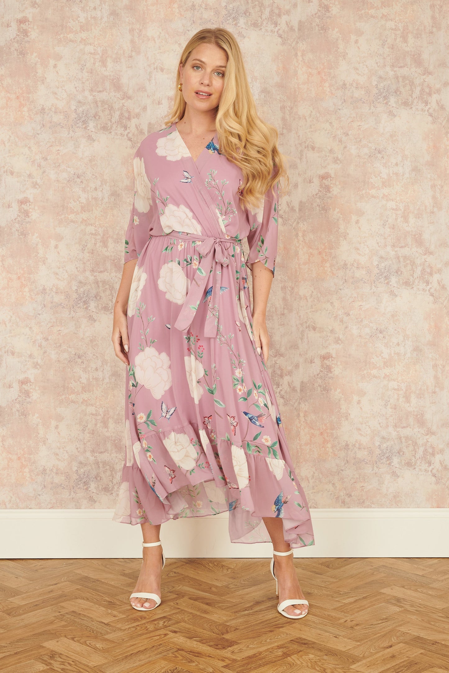 Yumi Pink Bird and Floral Print Midi Wrap Dress