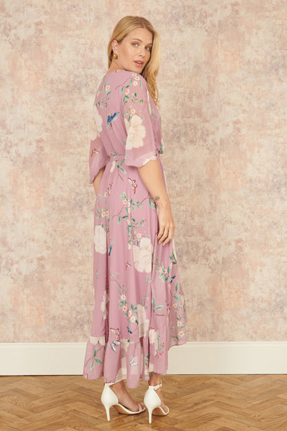 Yumi Pink Bird and Floral Print Midi Wrap Dress