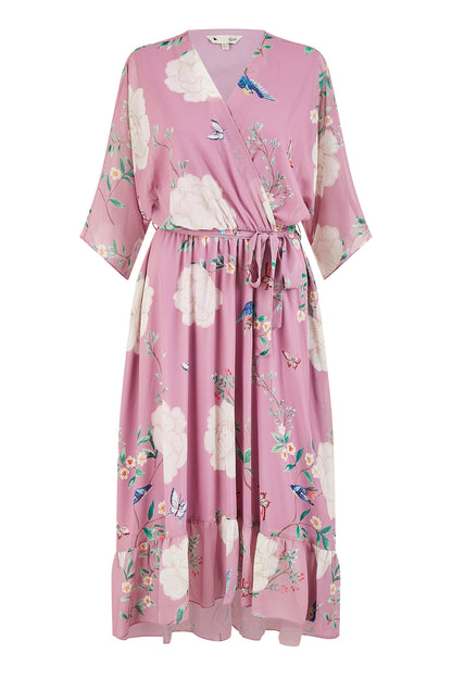 Yumi Pink Bird and Floral Print Midi Wrap Dress
