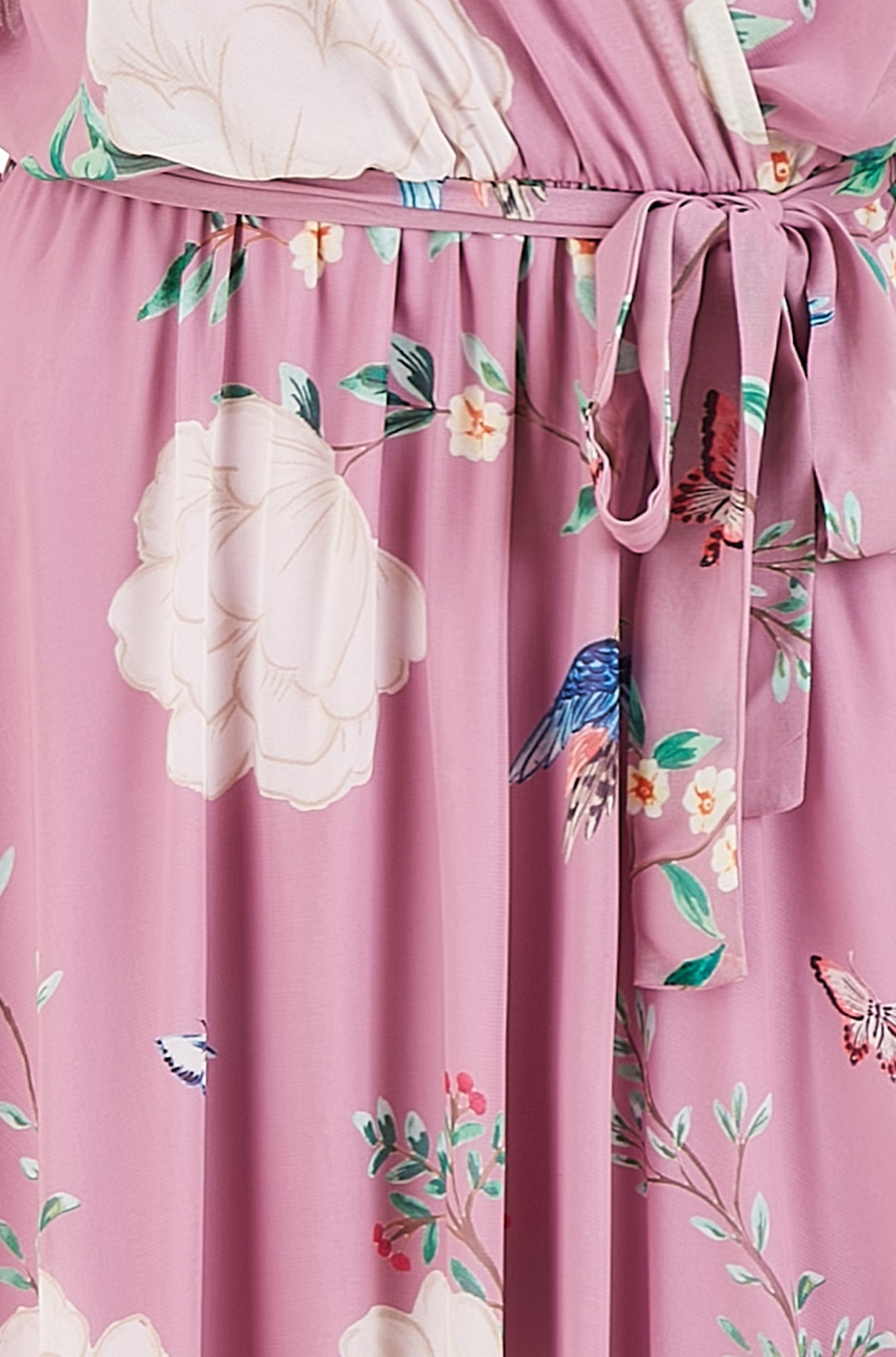 Yumi Pink Bird and Floral Print Midi Wrap Dress