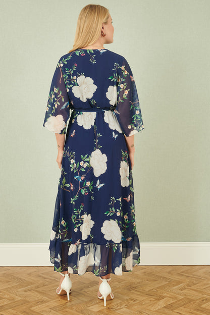 Yumi Navy Bird and Floral Print Midi Wrap Dress