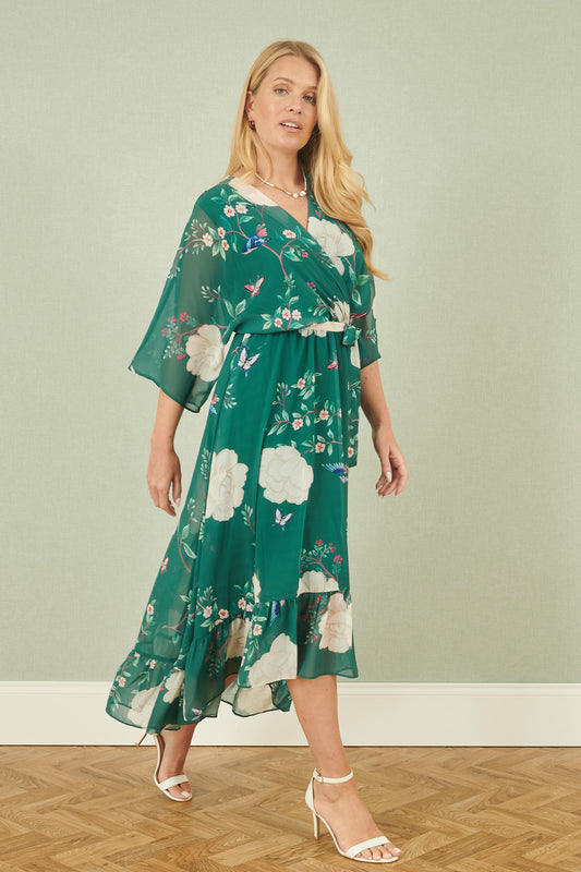 Yumi Green Bird and Floral Print Midi Wrap Dress