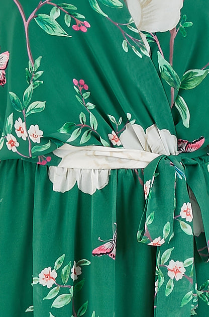Yumi Green Bird and Floral Print Midi Wrap Dress