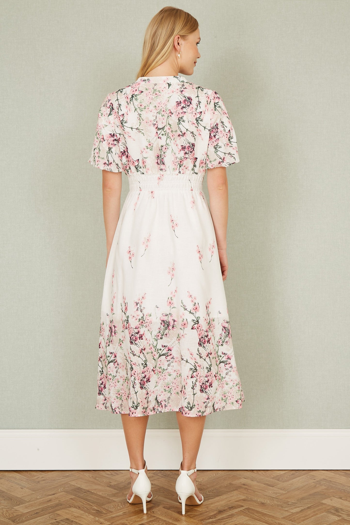 Yumi White Mirrored Floral Button Up Midi Dress With Ruched Waist