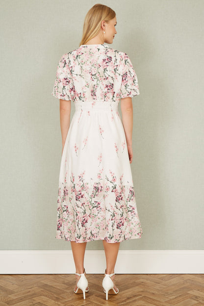 Yumi White Mirrored Floral Button Up Midi Dress With Ruched Waist