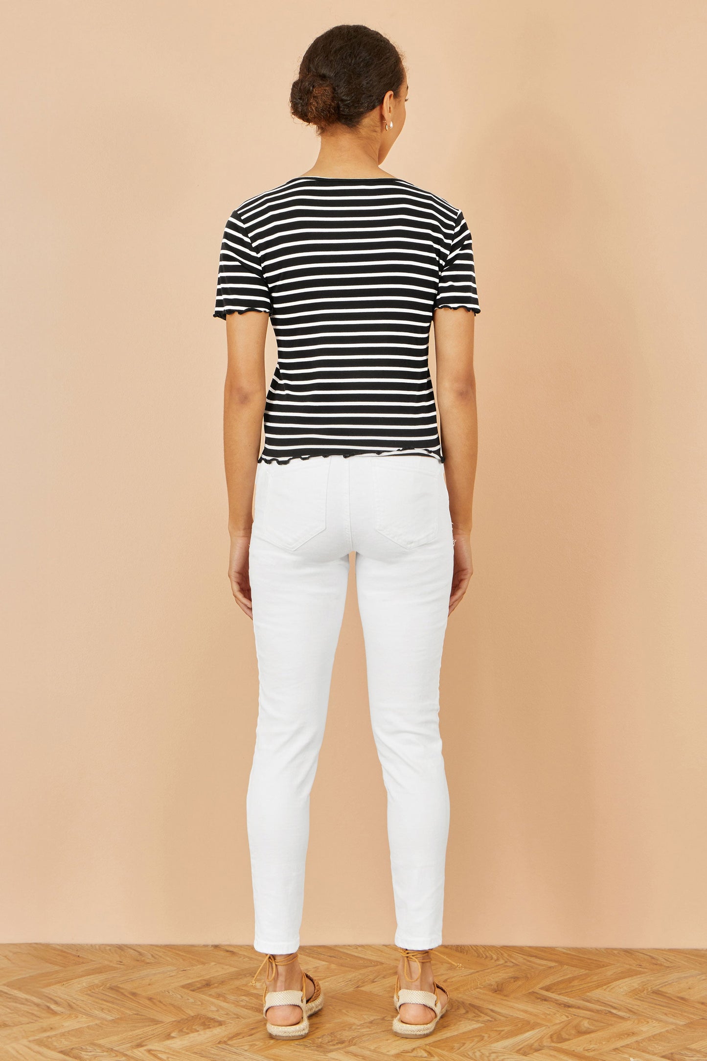 Yumi Black Striped Cotton Jersey Lettuce Trim T-Shirt