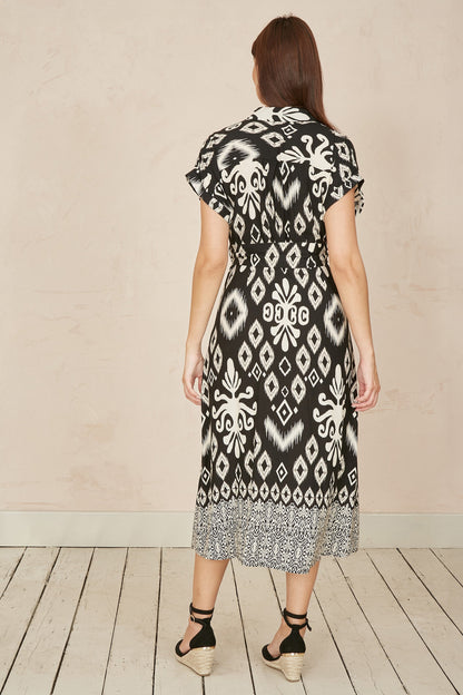 Yumi Black Abstract Geo Print Relaxed Midi Shirt Dress With Belt