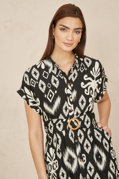 Yumi Black Abstract Geo Print Relaxed Midi Shirt Dress With Belt