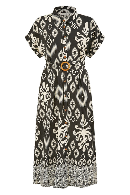 Yumi Black Abstract Geo Print Relaxed Midi Shirt Dress With Belt