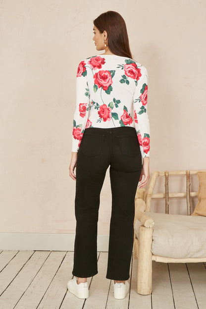 Yumi White Rose Print Cardigan With Tie Front