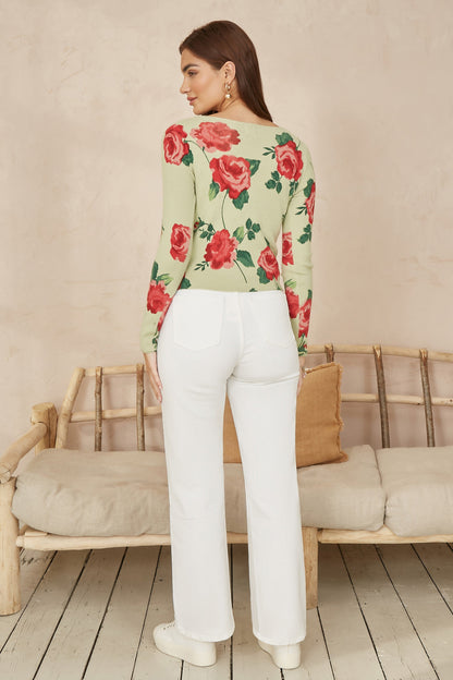 Yumi Green Rose Print Cardigan With Tie Front