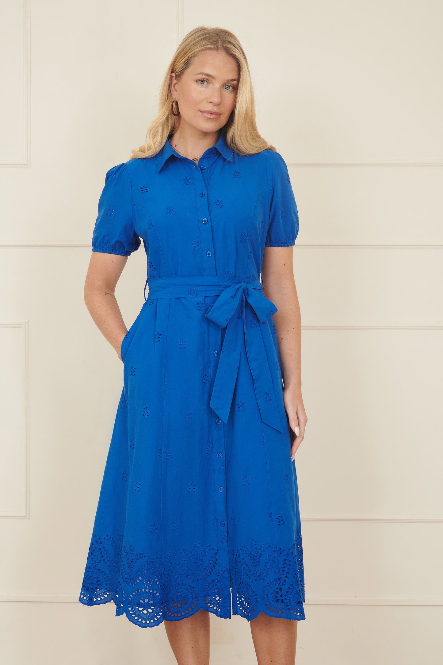 Yumi Blue Cotton Shirt Midi Dress With Cut Out Details