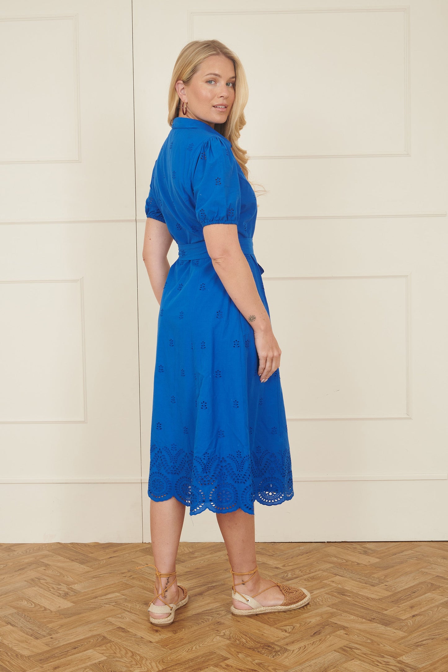 Yumi Blue Cotton Shirt Midi Dress With Cut Out Details