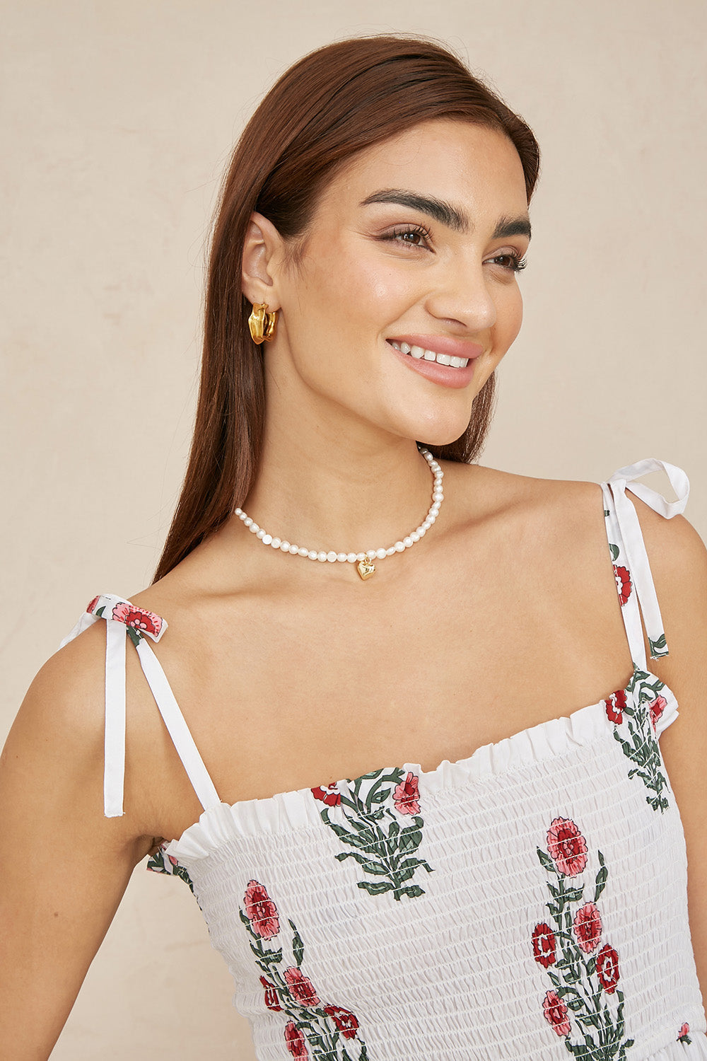 Yumi White Floral Printed Smocked Midi Dress