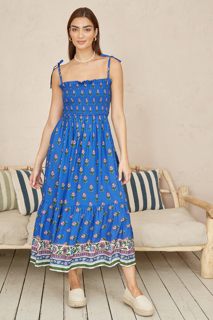 Yumi Blue Strappy Paisley Print Midi Dress With Ruched Bodice