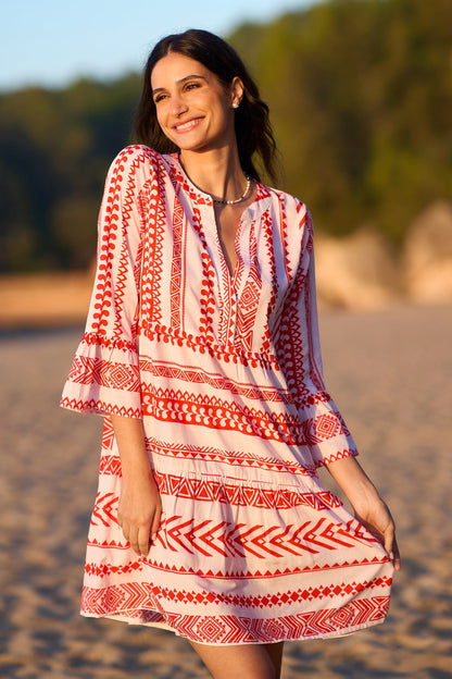 Yumi Coral Geo Stripe Print Beach Tunic