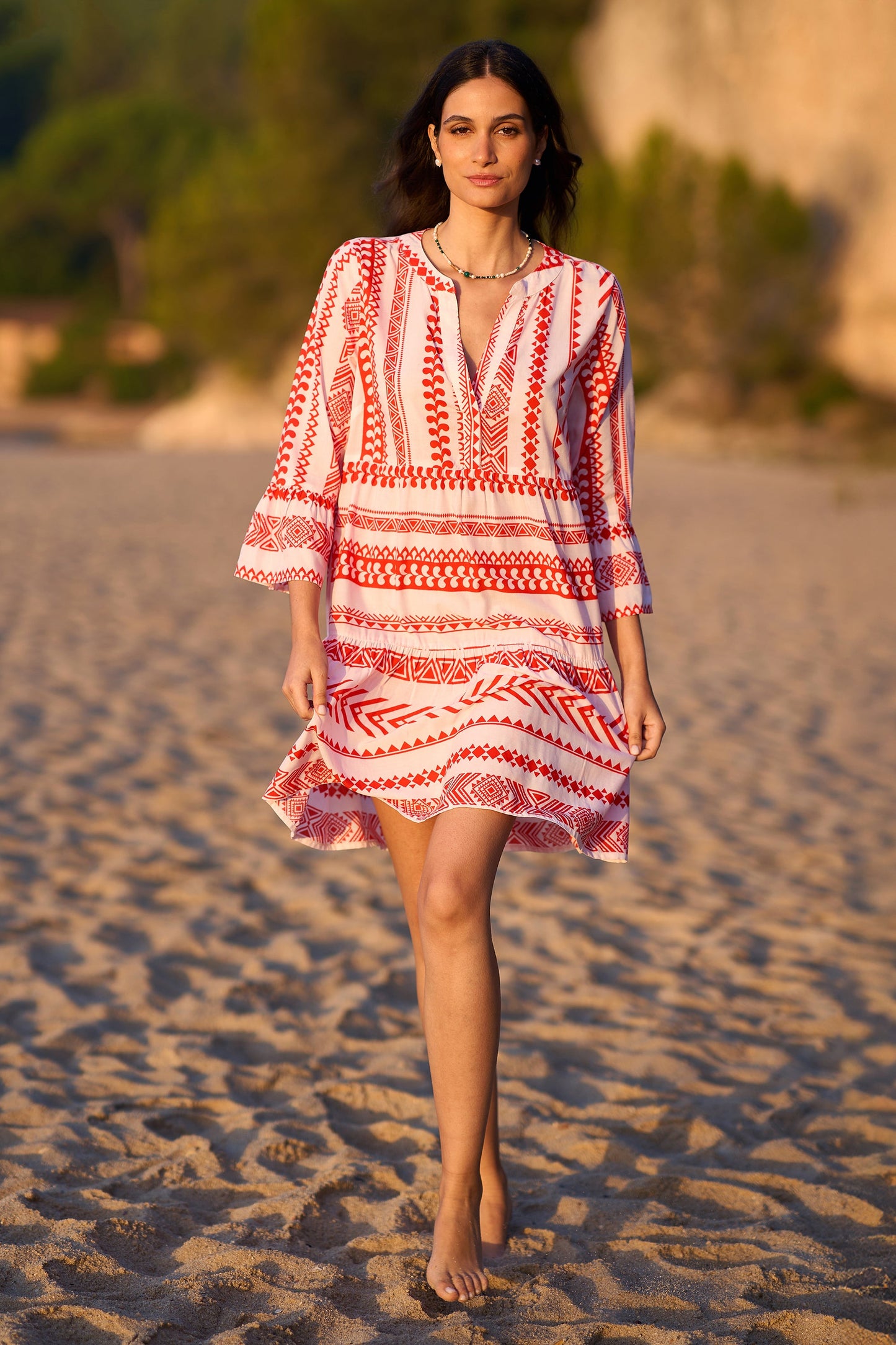 Yumi Coral Geo Stripe Print Beach Tunic