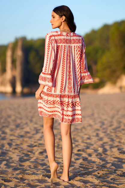 Yumi Coral Geo Stripe Print Beach Tunic