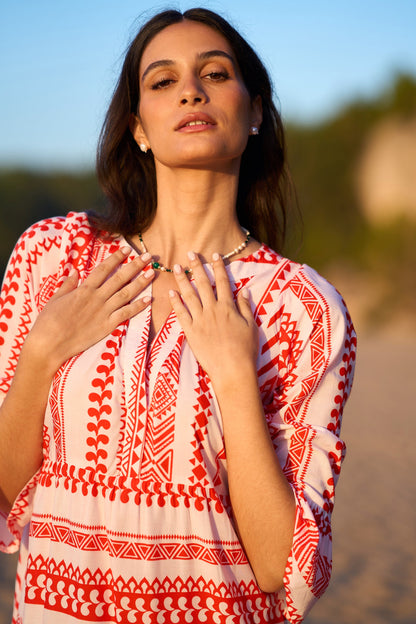 Yumi Coral Geo Stripe Print Beach Tunic