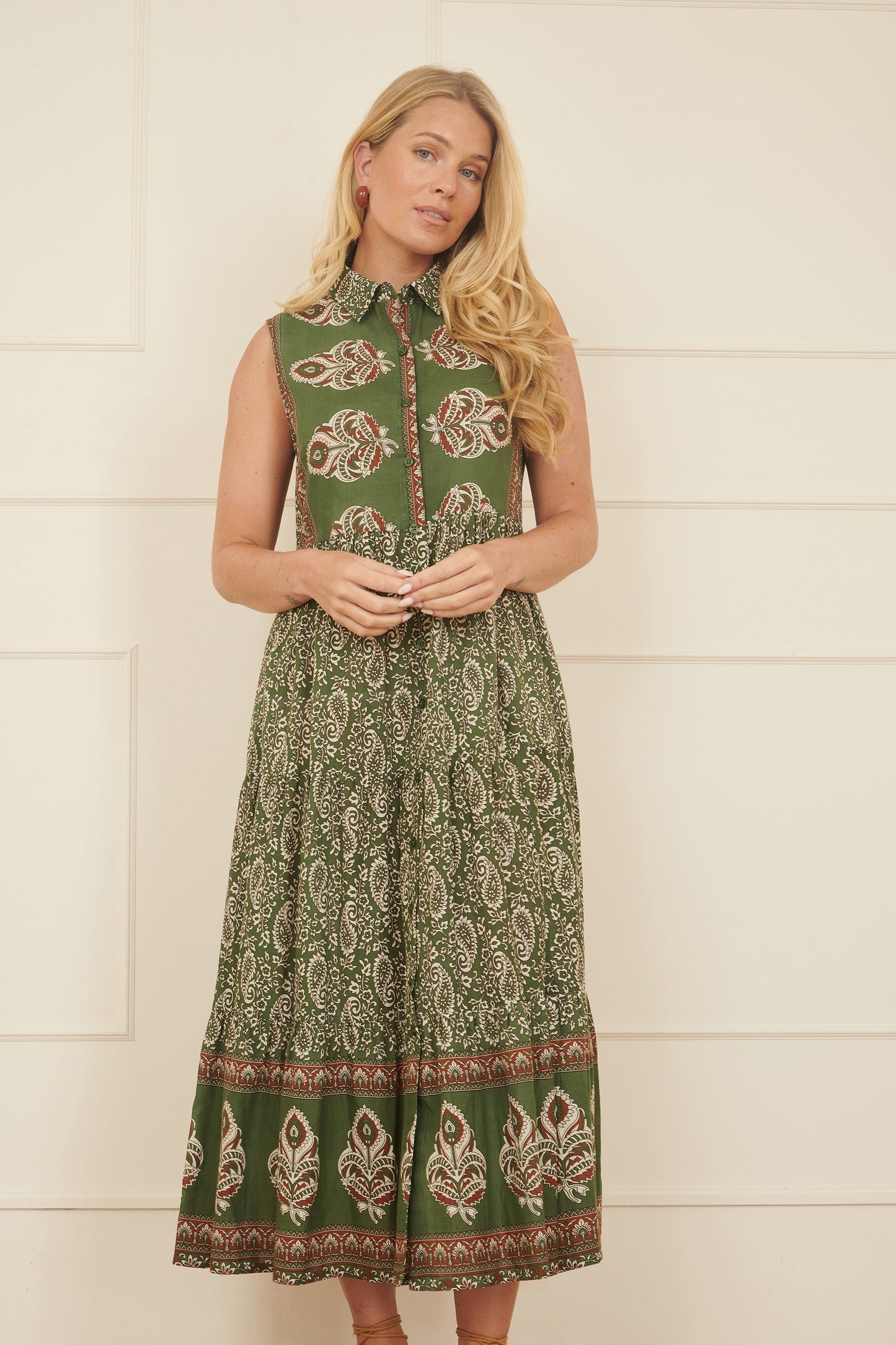 Yumi Green Cotton Paisley Midi Sleeveless Shirt Dress