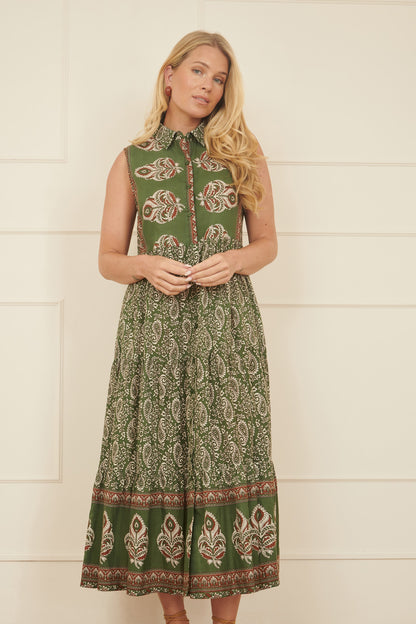 Yumi Green Cotton Paisley Midi Sleeveless Shirt Dress