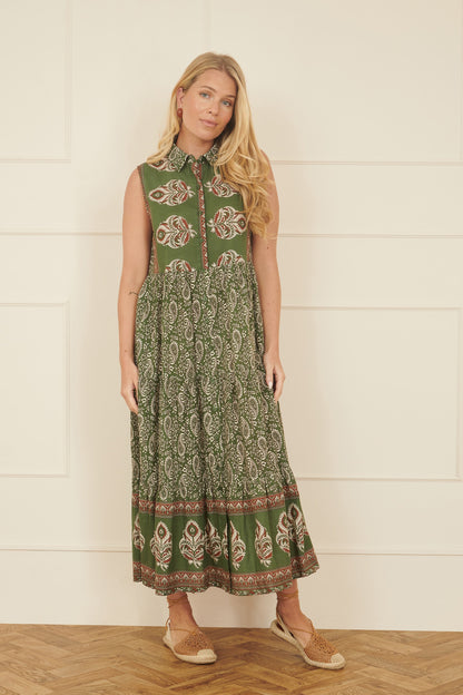 Yumi Green Cotton Paisley Midi Sleeveless Shirt Dress