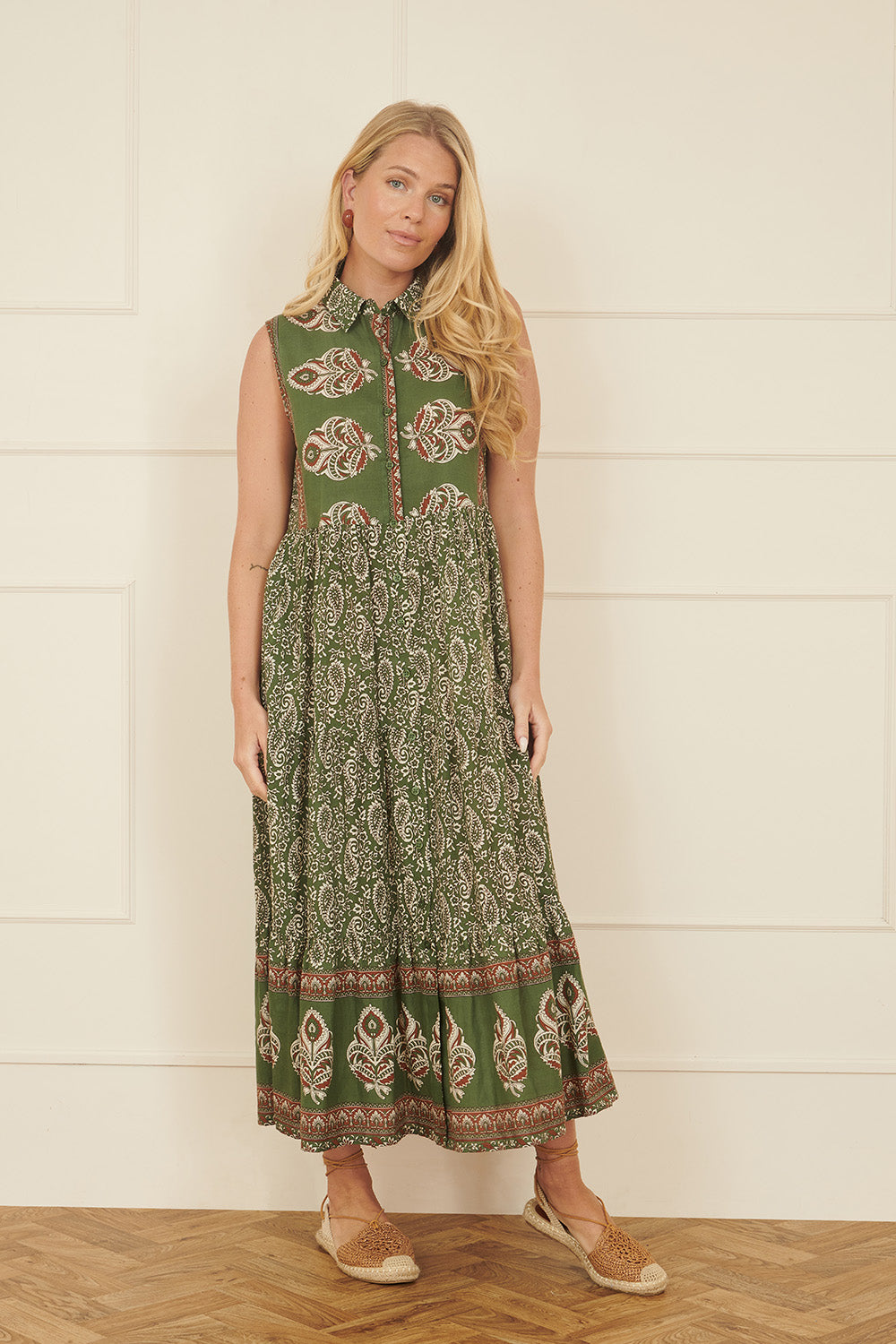 Yumi Green Cotton Paisley Midi Sleeveless Shirt Dress