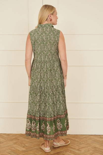 Yumi Green Cotton Paisley Midi Sleeveless Shirt Dress