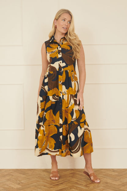 Yumi Navy Cotton Leaf Midi Sleeveless Shirt Dress