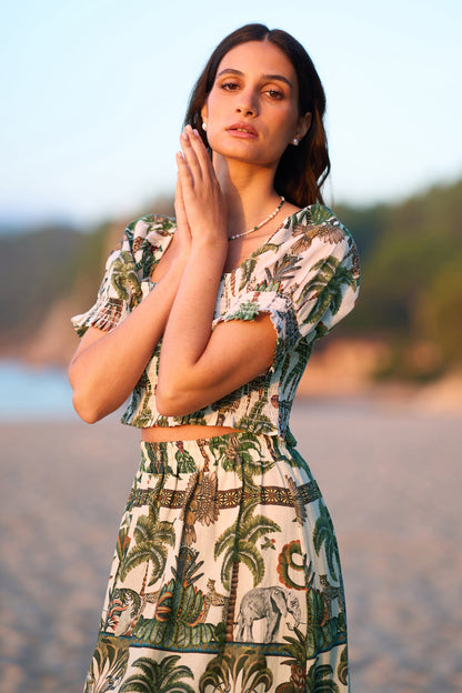 Yumi White Cotton Voile Safari Ruched Crop Top