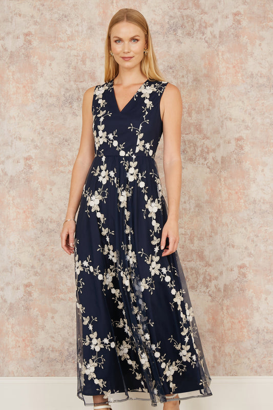 Yumi Navy Mesh Embroidered Maxi Dress