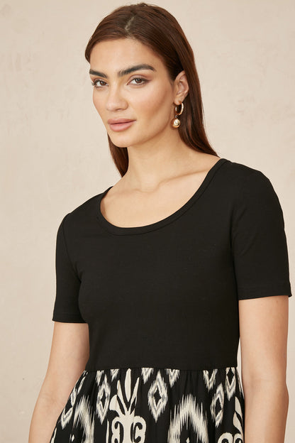 Yumi Black Jersey Stretch Top And Ikat Skirt Midi Dress