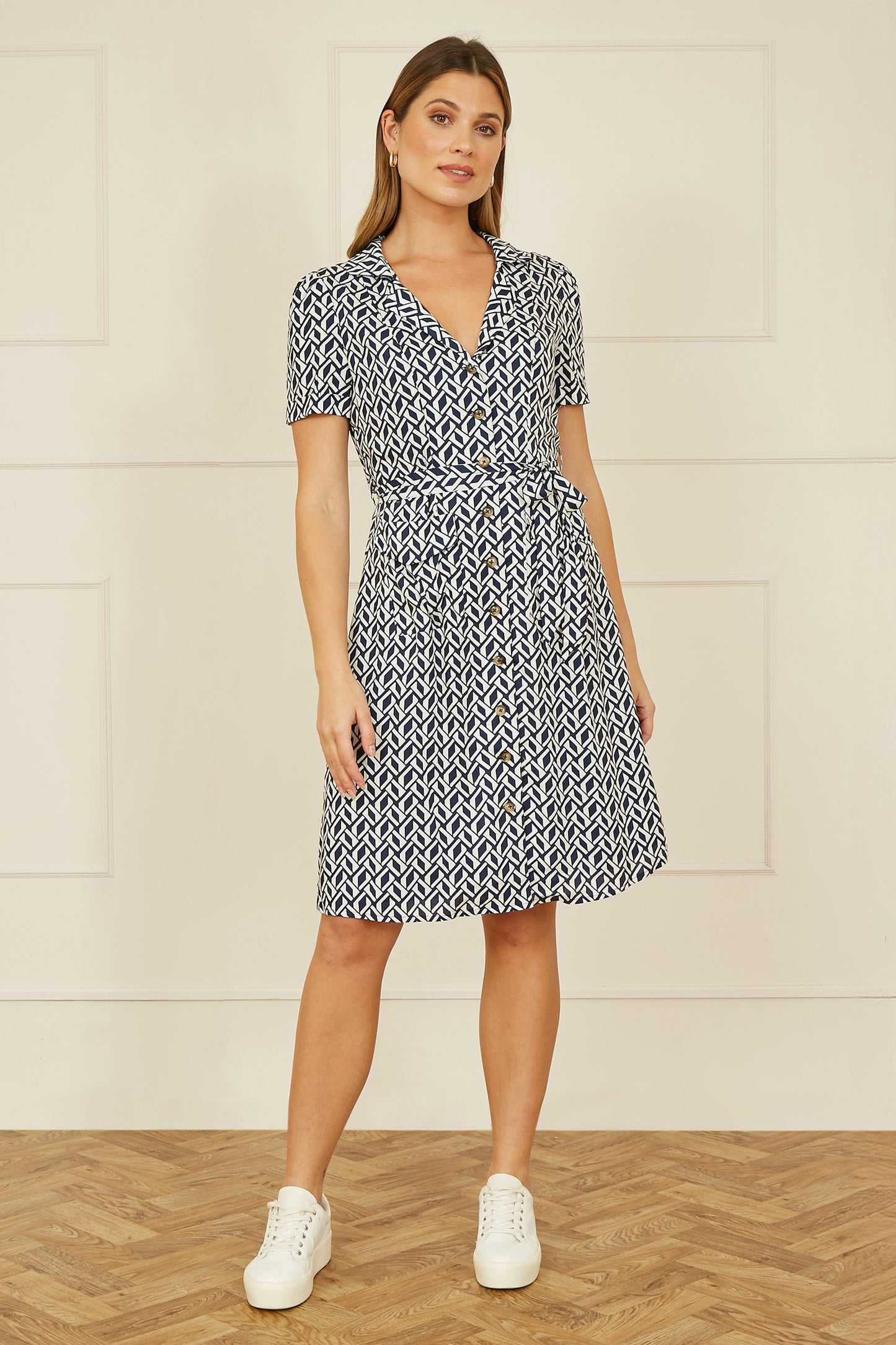 Yumi Navy Geo Print Retro Style Shirt Dress