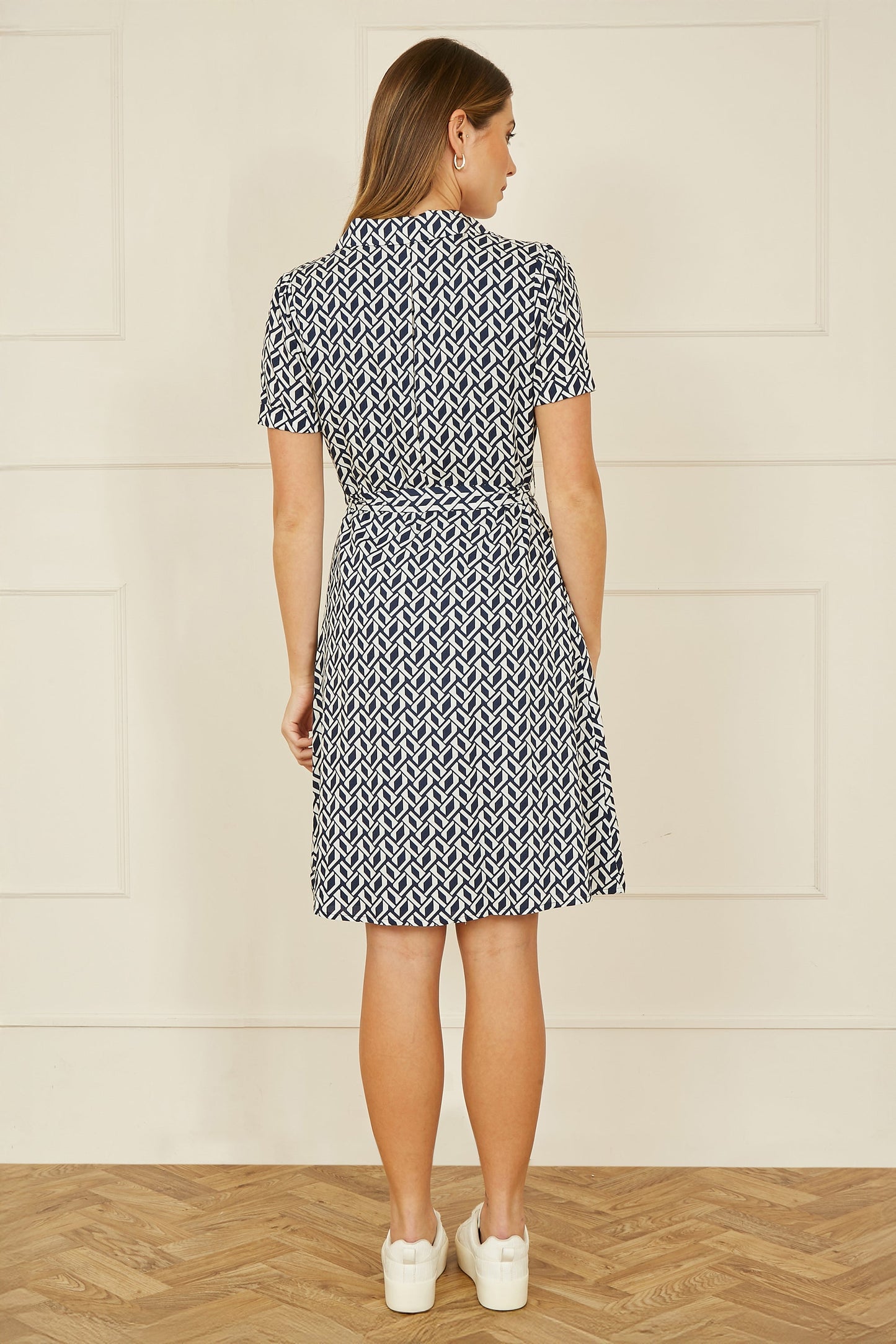 Yumi Navy Geo Print Retro Style Shirt Dress